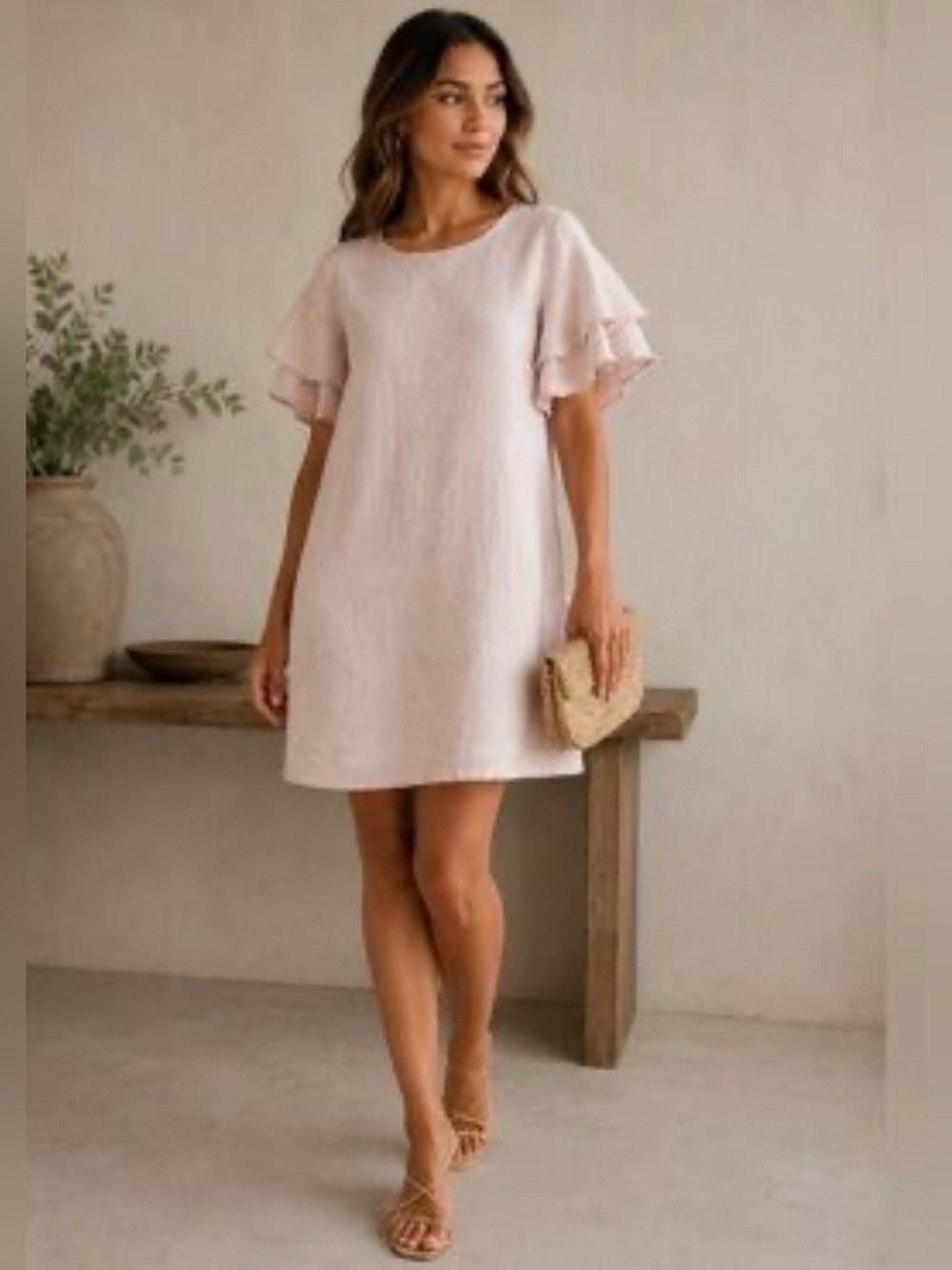 Francesca Bettini 100% Linen Shift Dress Blush Pink Ruffle Sleeve Made Italy S